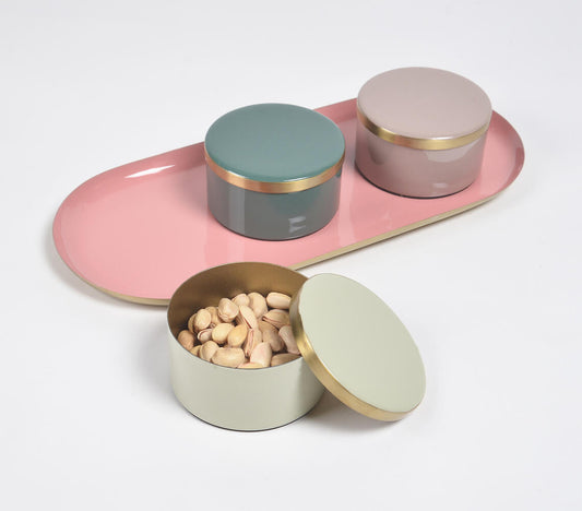 Pastel Enamelled Iron Oval Tray with 3 snack Boxes-0