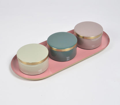 Pastel Enamelled Iron Oval Tray with 3 snack Boxes-2