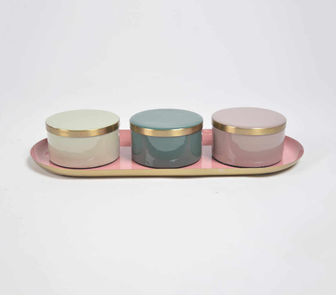 Pastel Enamelled Iron Oval Tray with 3 snack Boxes-3