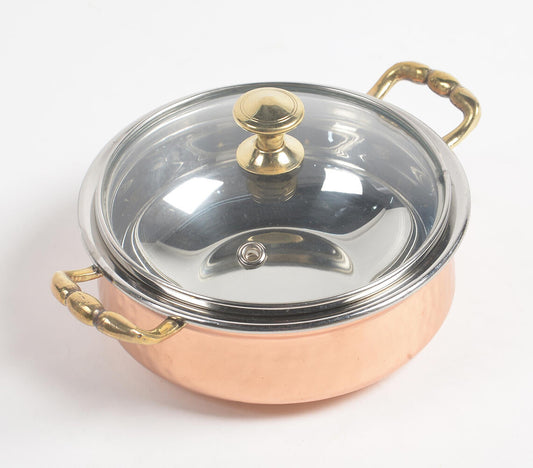 Handcrafted Steel Copper Casserole with Glass Lid (Dia 6.8")-0