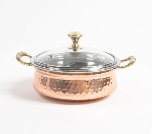 Handcrafted Steel Copper Casserole with Glass Lid (Dia 6.8")-1