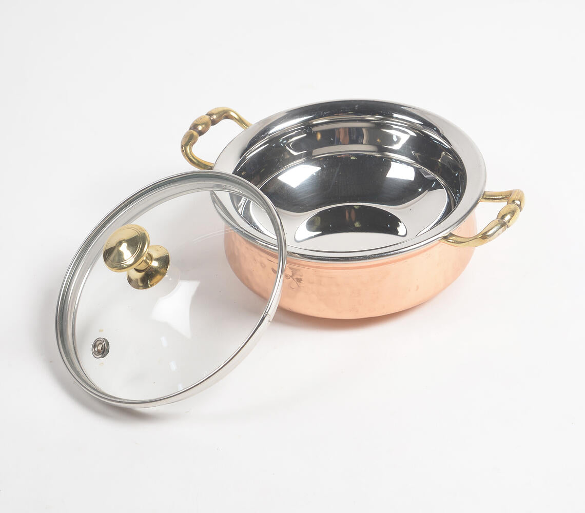 Handcrafted Steel Copper Casserole with Glass Lid (Dia 6.8")-2