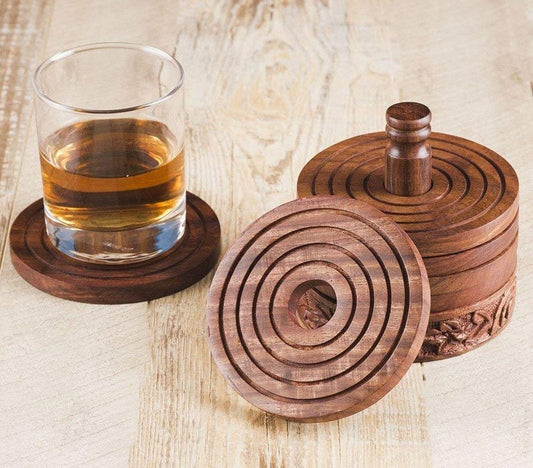 Hand Carved Wooden Round Coasters (Set of 6)-0