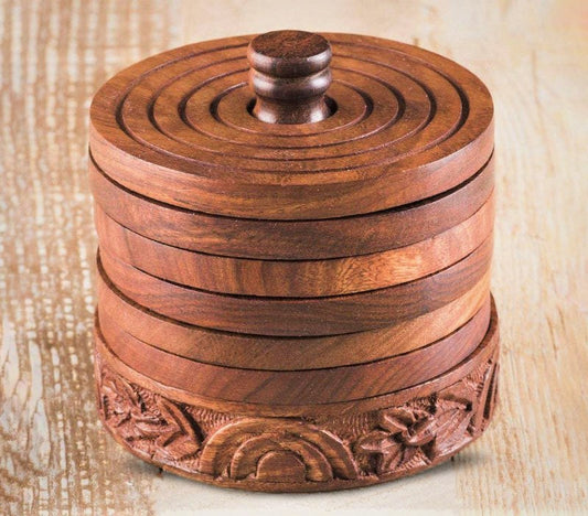 Hand Carved Wooden Round Coasters (Set of 6)-1