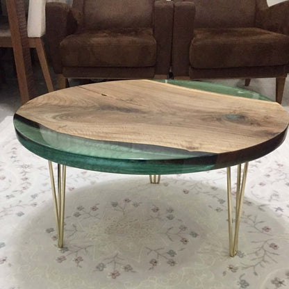Sea Green and Wooden Epoxy Resin Coffee Table For Home Decor-1